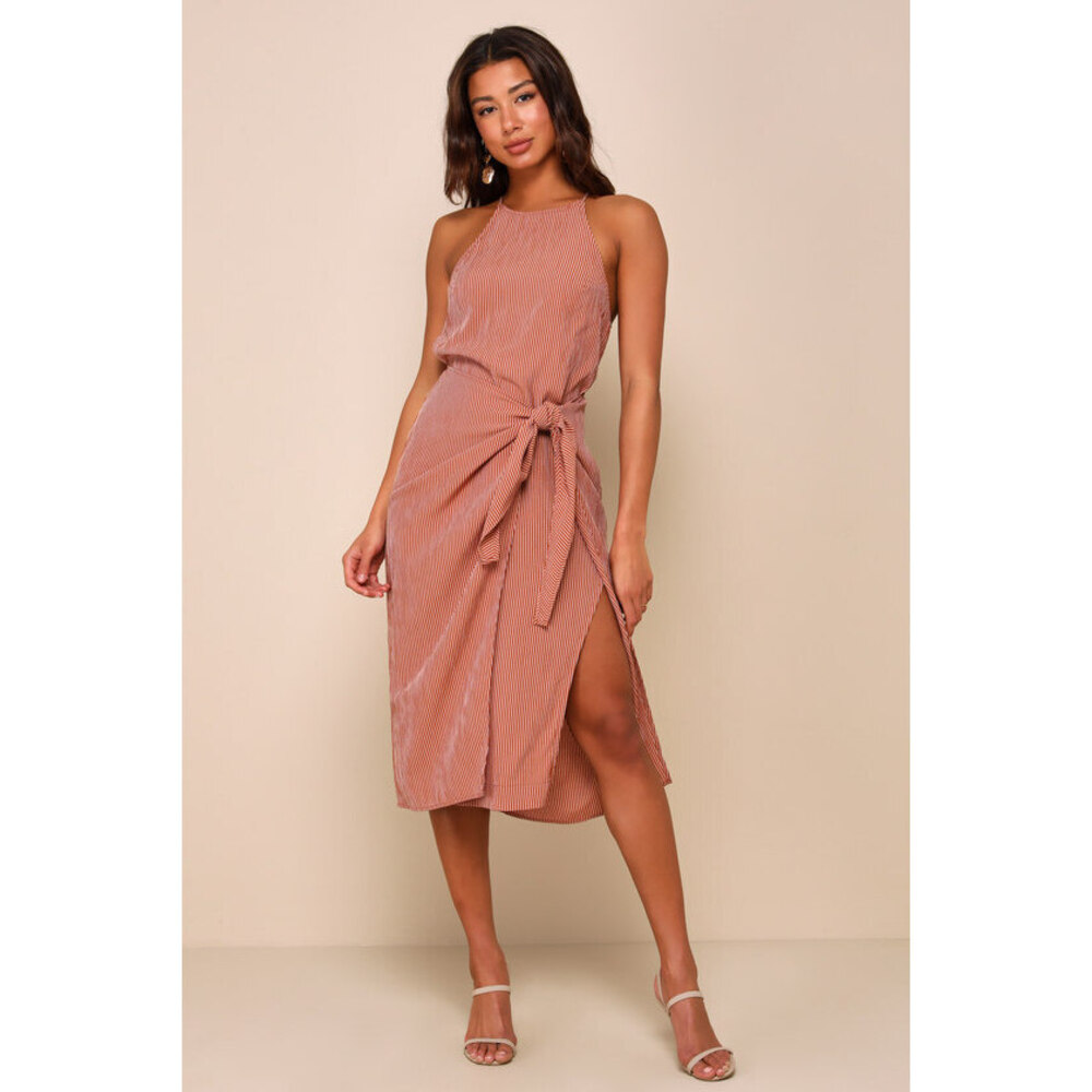 Lulus Amalfi Muse Rust Brown Striped Cutout Faux Wrap Midi Dress - Size M